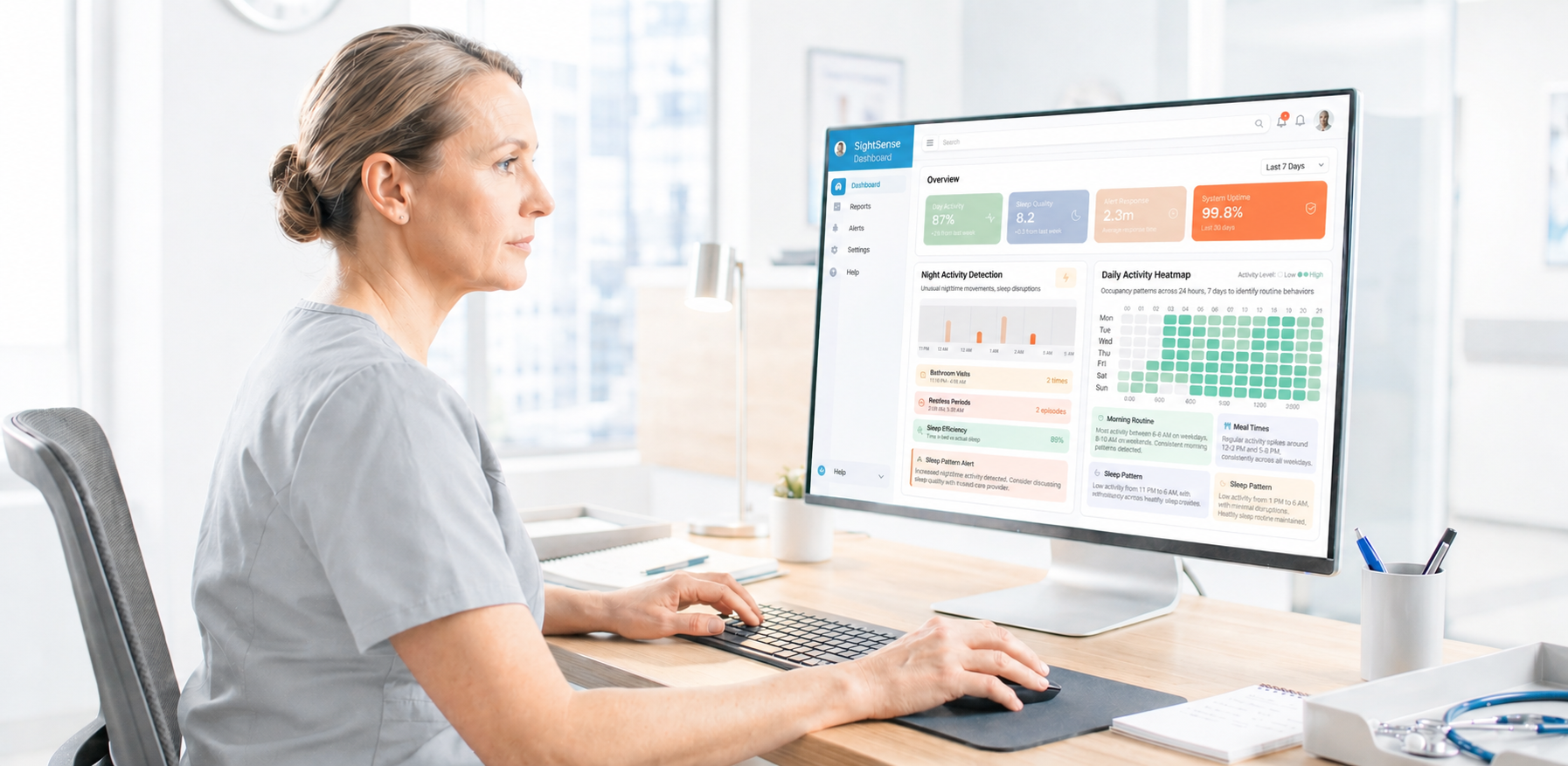 SightSense dashboard showing live posture classifications and a fall event stream from real radar deployments.